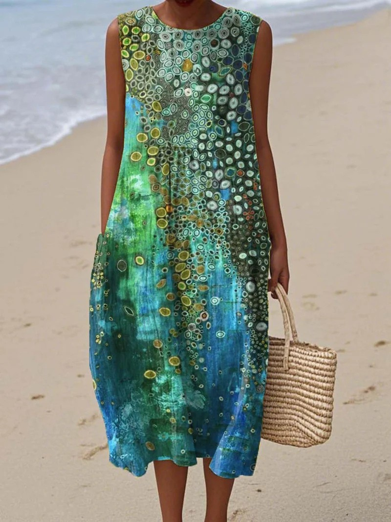 Damen künstlerisches Strandkleid, leicht & luftig für den Sommer, elegantes Boho Maxikleid, rückenfrei, perfekt für Urlaub.