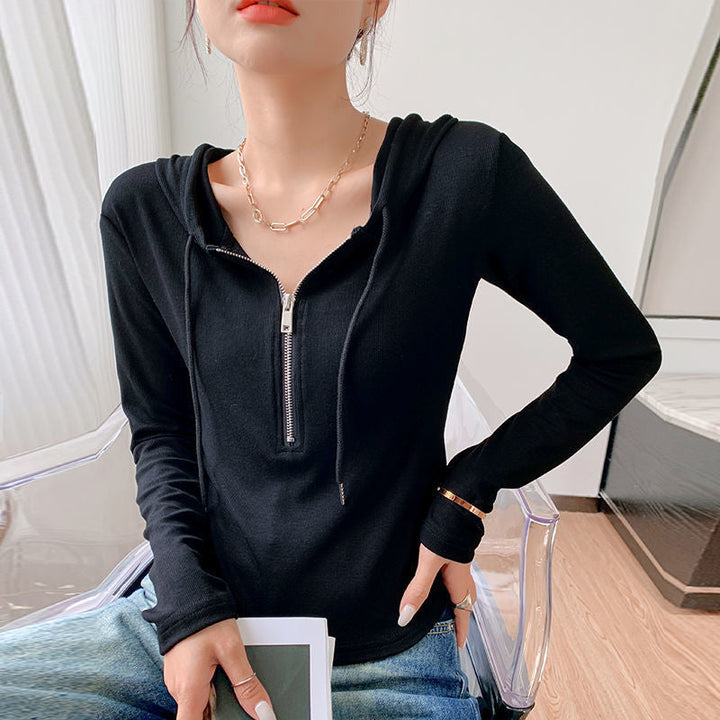 Weißes Damen Kapuzenshirt mit Reißverschluss, bequem für Sport & lässige Freizeitmode.