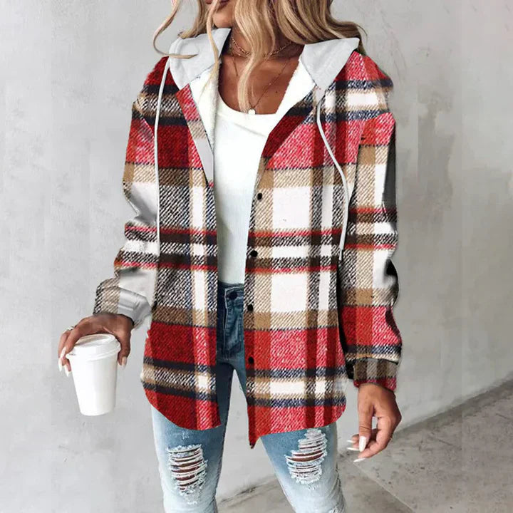 Damen karierte Kapuzen-Hemdjacke Claire, gemütlich & stilvoll. Perfekt für Freizeit & Herbsttage.