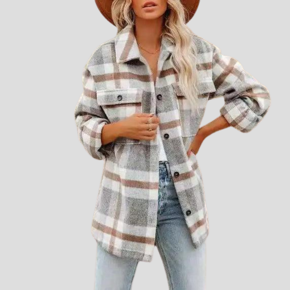 Modische Damen Hemdjacke mit Karomuster. Hüftlange, locker geschnittene Overshirt Freizeitjacke für Übergangszeit.