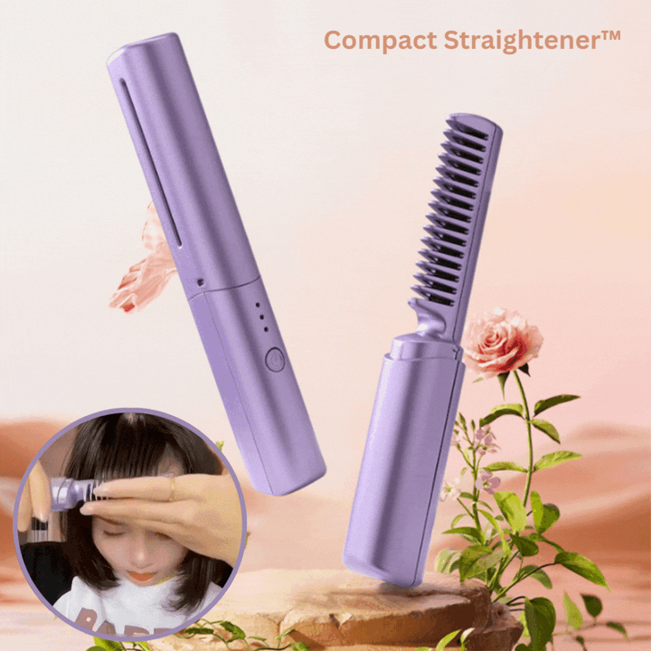 Damen Kompaktes Glätteisen auf hellem Hintergrund; ideal für schnelles Haarstyling unterwegs.