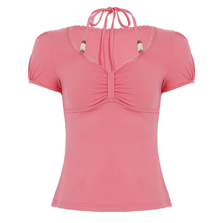 Damen Kurzarm Bluse mit V-Ausschnitt & elegantem Rückendetail, ein vielseitiges Alltagsoutfit für den Sommer.