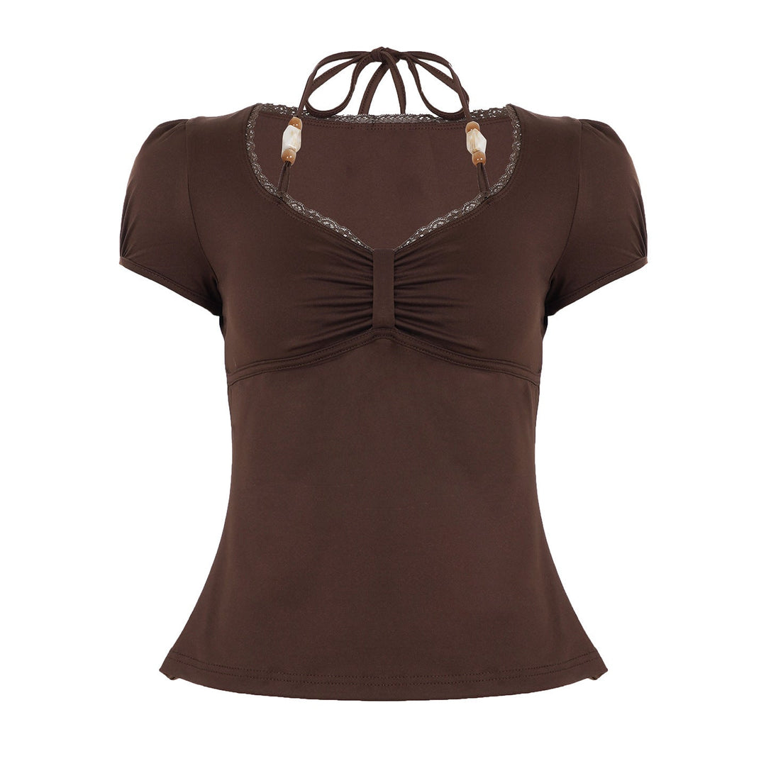 Elegantes Damen Kurzarm Oberteil mit V-Ausschnitt & besonderem Rückendetail, ideal für Frühling und Sommer.