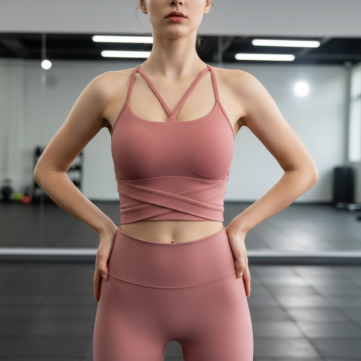 Damen kurzes Sportoberteil mit Kreuzträgern von MoveViva für Performance, ideal für Fitness & Yoga. Atmungsaktiv & dehnbar.
