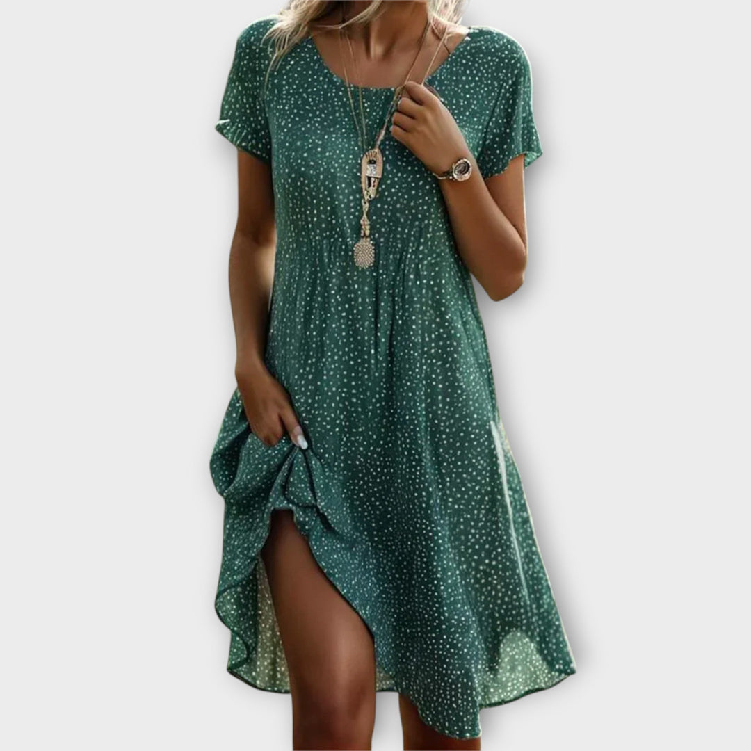 Damen lässiges fließendes Sommerkleid mit Punkten, A-Linie, bequem & stilvoll für Freizeit & Urlaub.