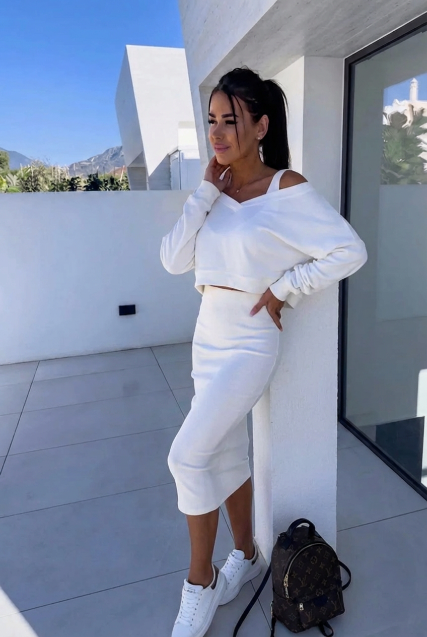Elegantes Damen Zweiteiler Outfitset: Lässiges Sweatshirt und passendes Kleid für vielseitige Alltags-Looks.