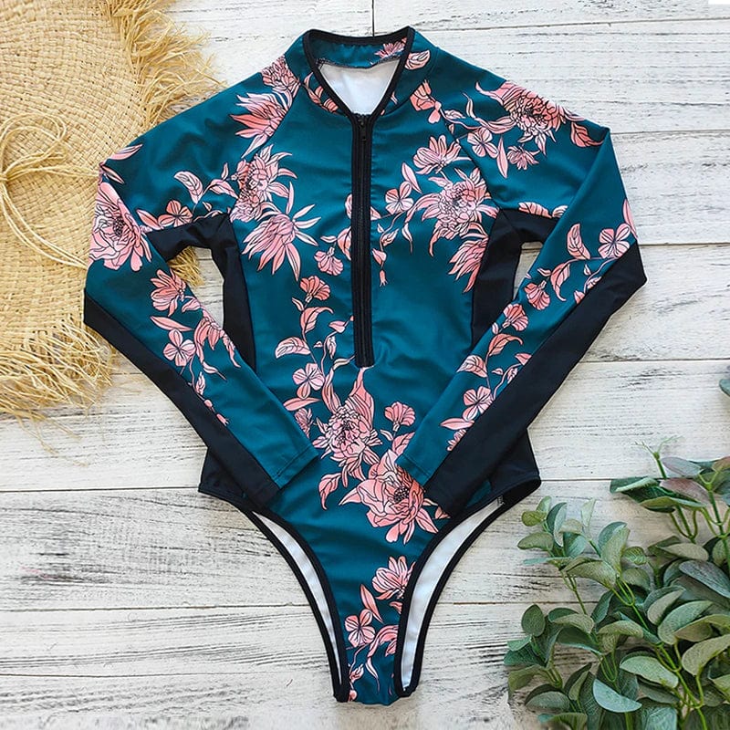 Modischer Damen Einteiler langarm mit Reißverschluss, perfekt für Strand, Pool und Wassersport.