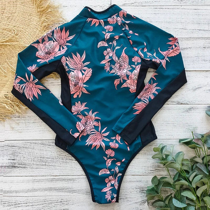 Sportlicher Damen Badeanzug mit Langarm und Reißverschluss, ideal für Schwimmen und Sonnenschutz.