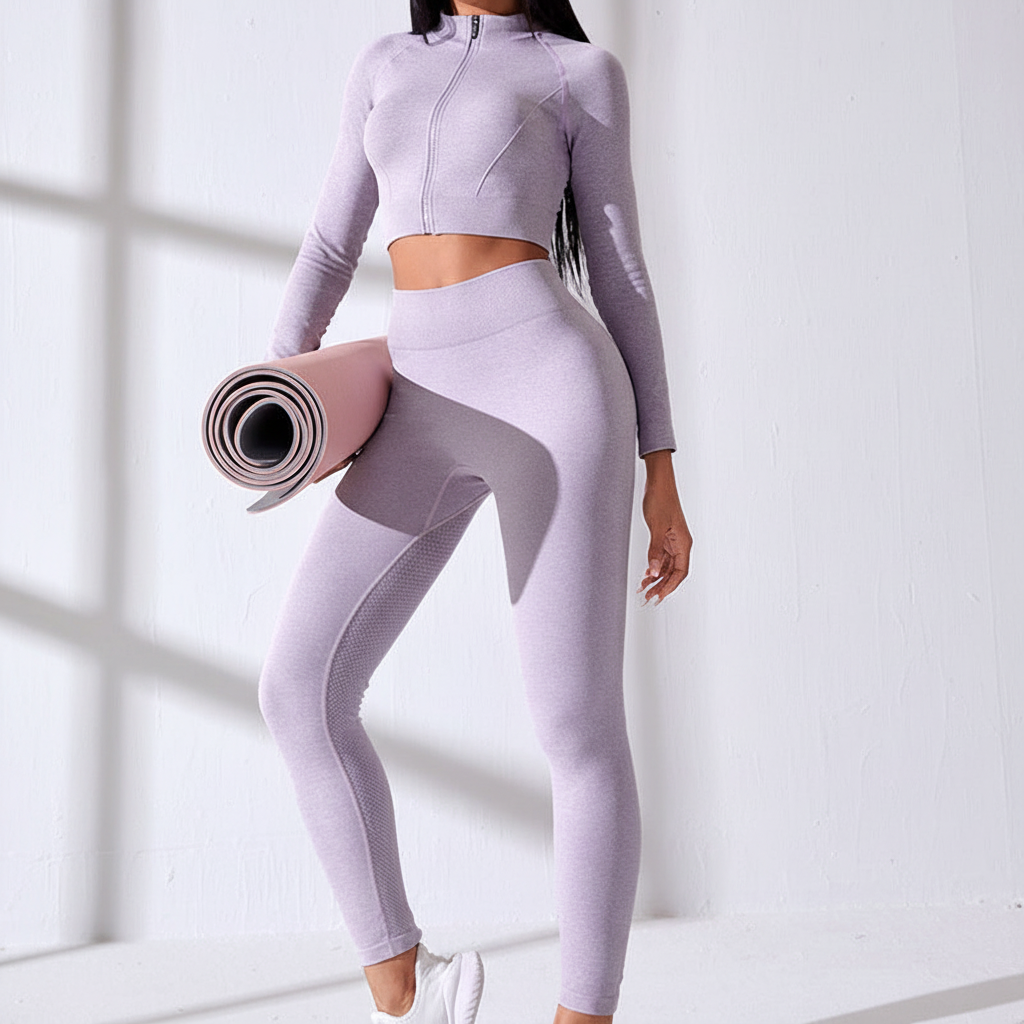 FitAura Damen Fitness Outfit: Langarm Crop Top Set mit Leggings für intensive Workouts.