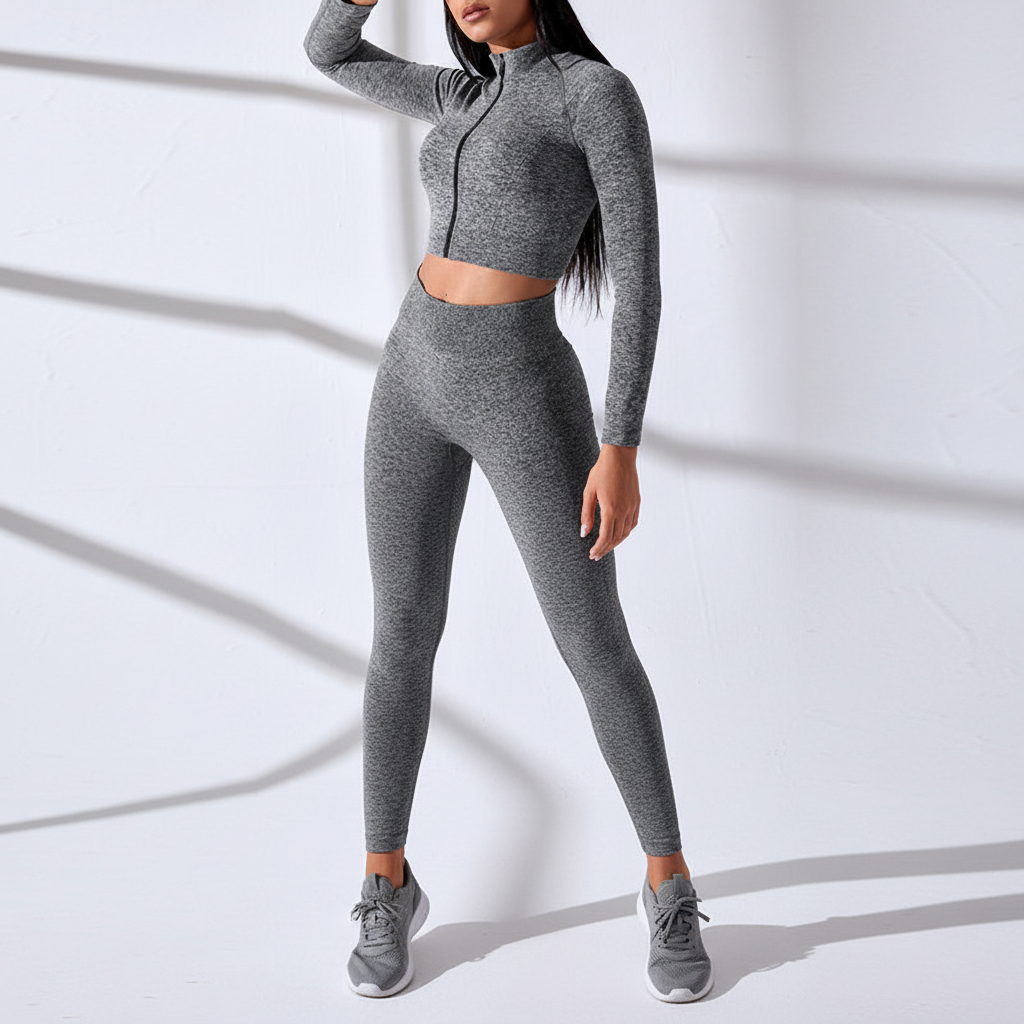 Aktives Damen Sportanzug Set: Langarm Crop Top und Leggings, perfekt für Gym & Alltag.