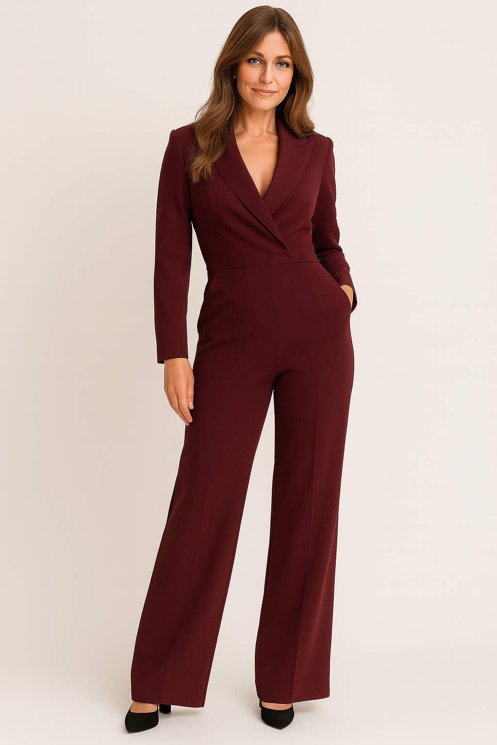 Damen Langarm-Jumpsuit "Evie" mit tailliertem Schnitt, weitem Bein & V-Ausschnitt, elegante Frauenmode.