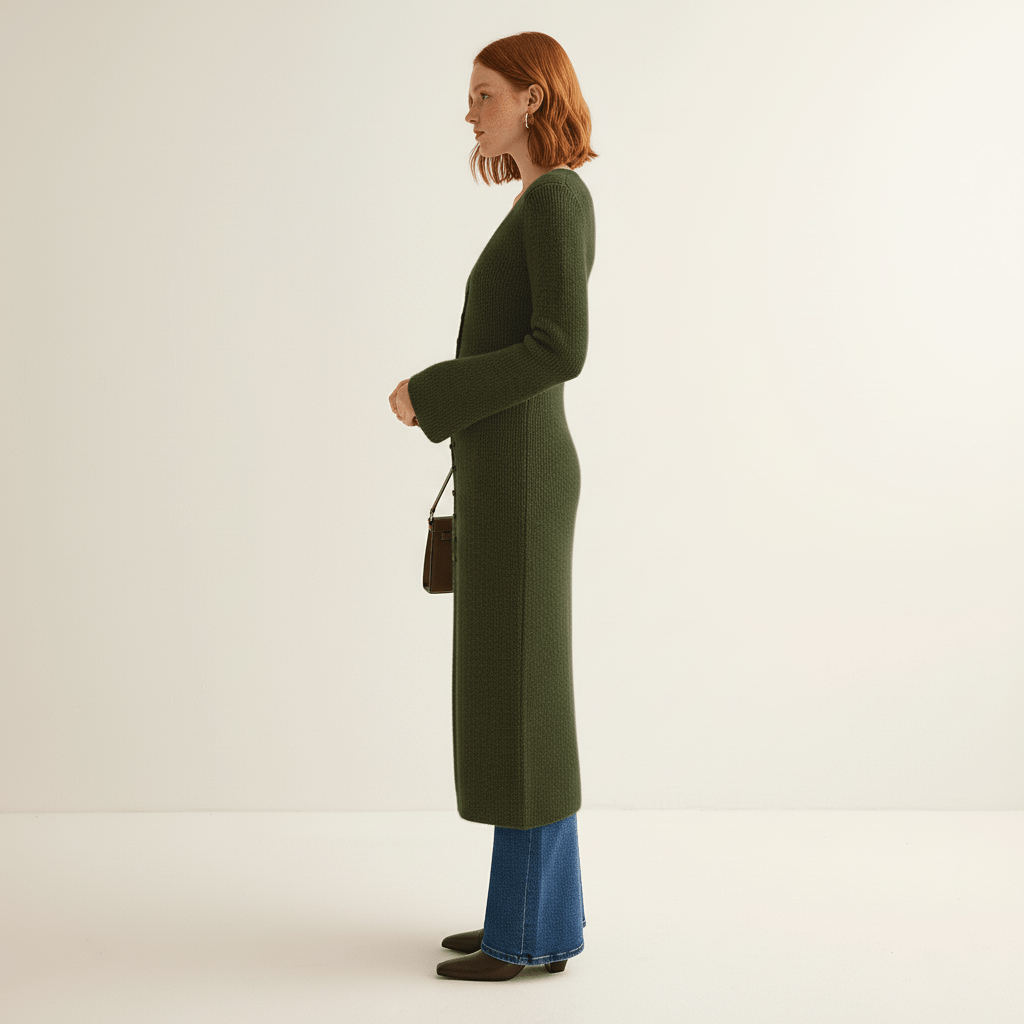 Rückenansicht des eleganten schwarzen Longline-Cardigans "Angelina" für Damen. Fließender Stoff.