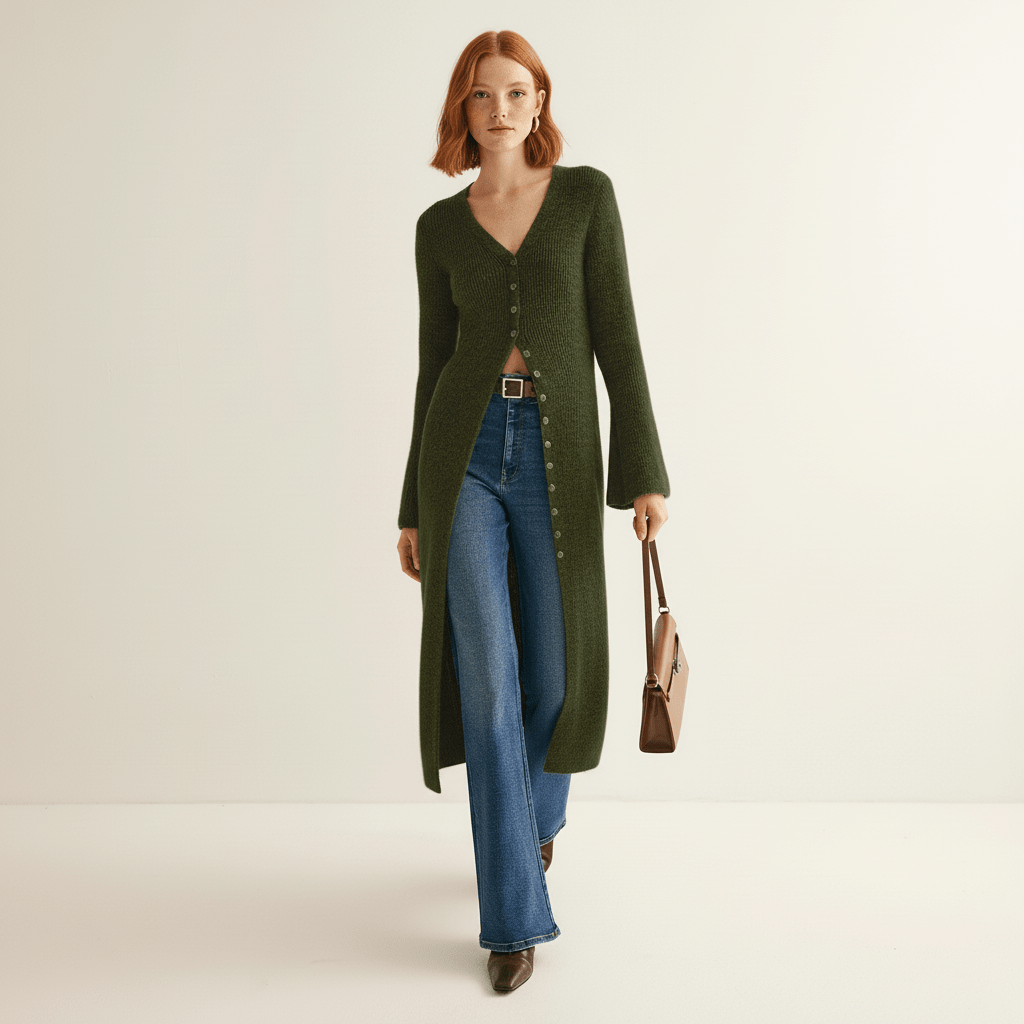 Seitliche Ansicht des Damen Longline-Cardigans mit Knopfleiste. Modischer Schnitt für jede Figur.
