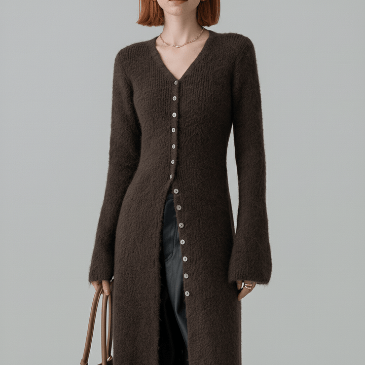 Eleganter marineblauer Damen Longline-Cardigan "Angelina". Bequem & stilvoll mit V-Ausschnitt.