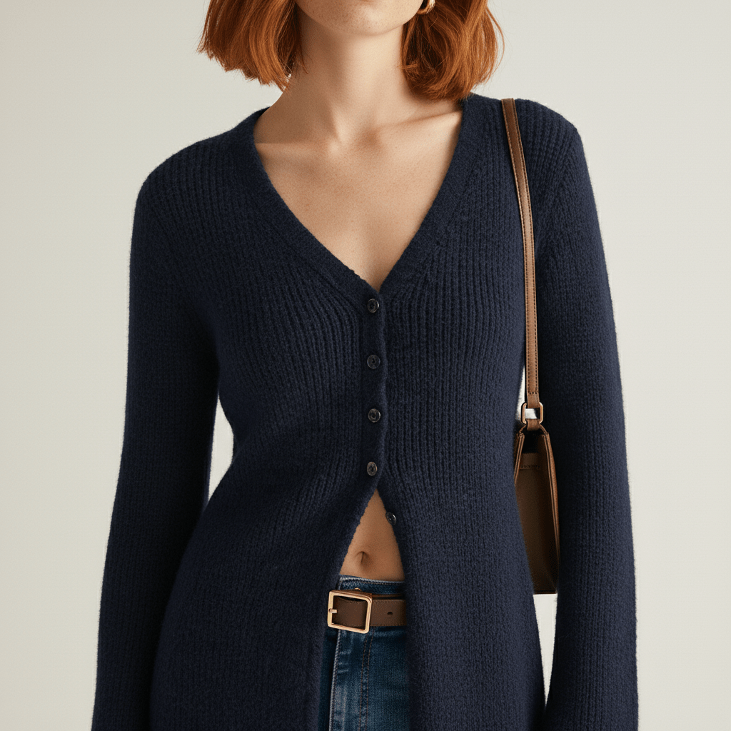 Schwarzer "Angelina" Longline-Cardigan für Damen, geschlossen getragen. Klassisch und elegant.