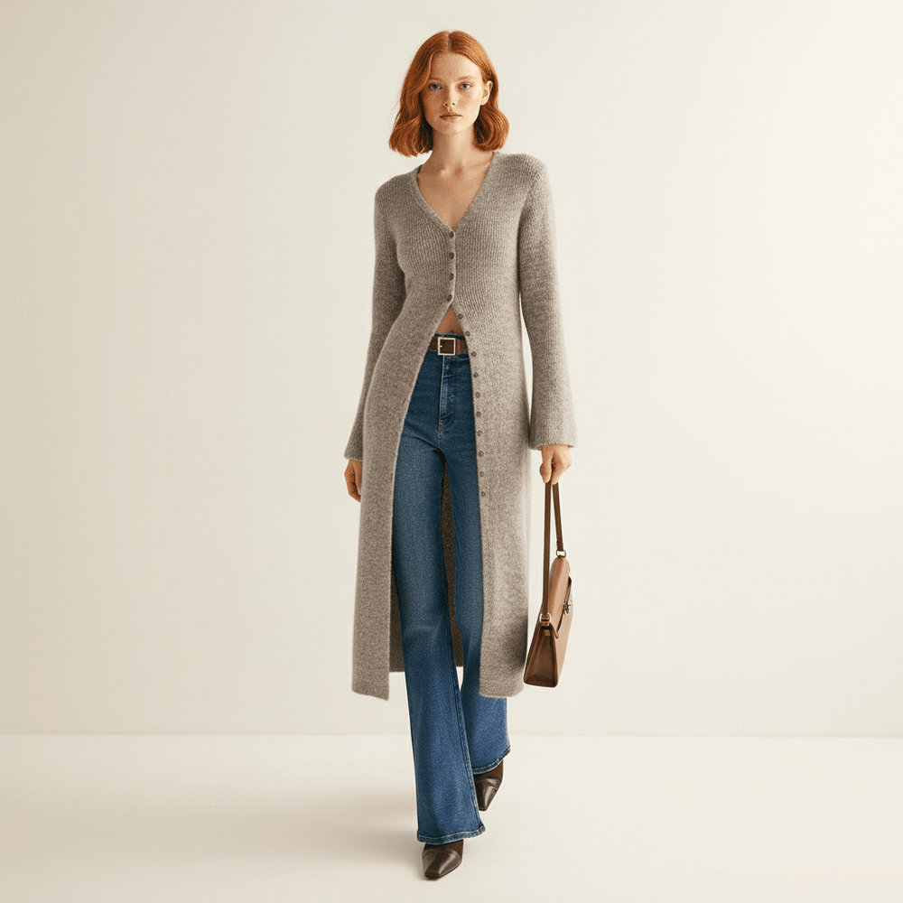 Stylischer schwarzer Damen Longline-Cardigan mit Knopfleiste. Perfekt für den Layering-Look.