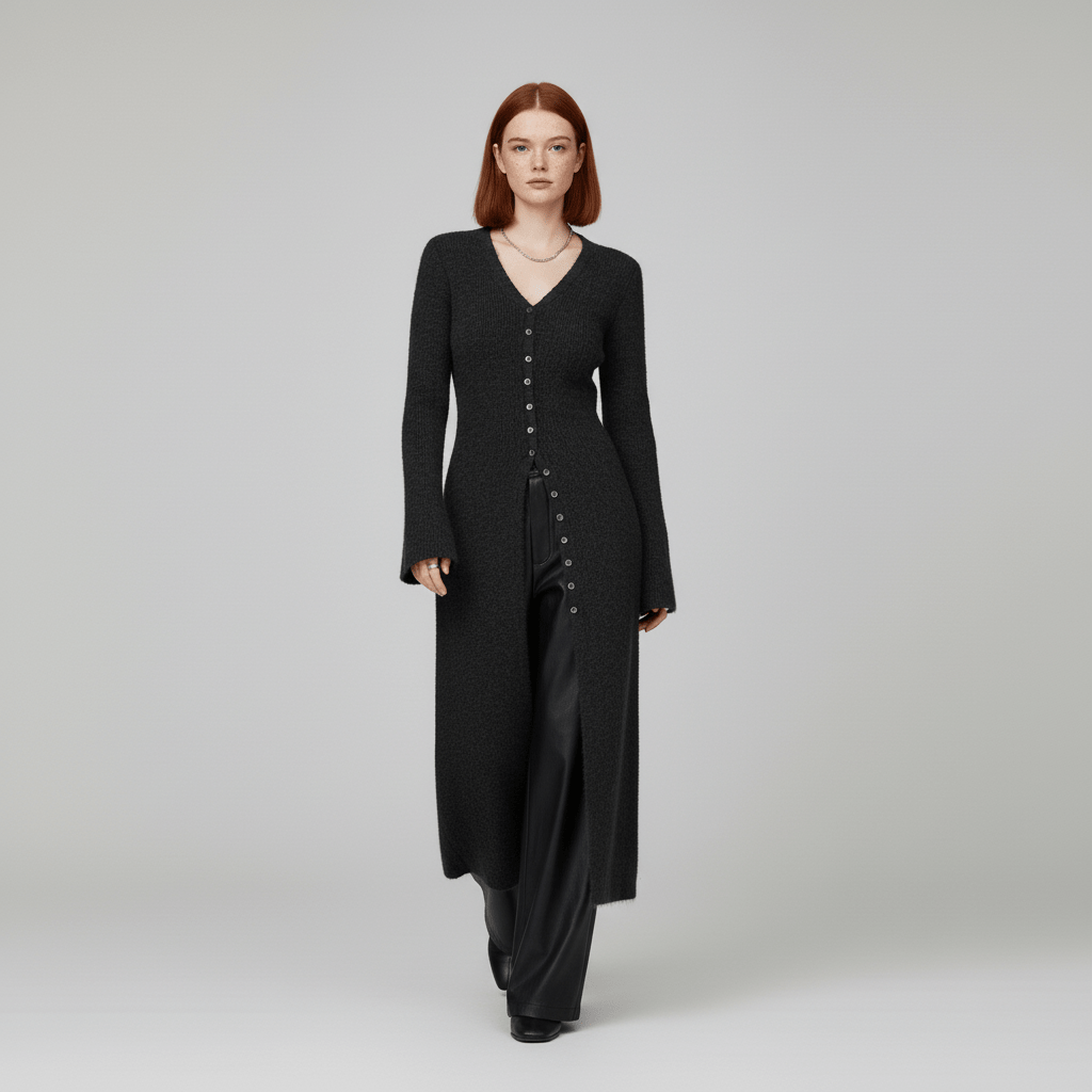 Nahaufnahme des V-Ausschnitts und der Knopfleiste am eleganten Longline-Cardigan "Angelina" für Damen.