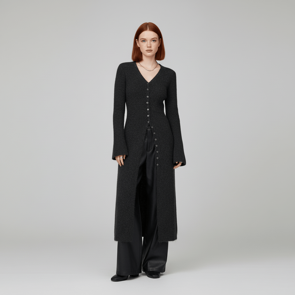 Frau trägt schwarzen Longline-Cardigan mit Knopfleiste. Modisch & bequem für Freizeit oder Büro.