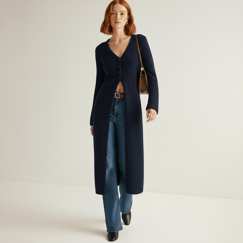 Beiger Damen Longline-Cardigan, offen getragen. Perfekte Layering-Option für einen lässigen Look.