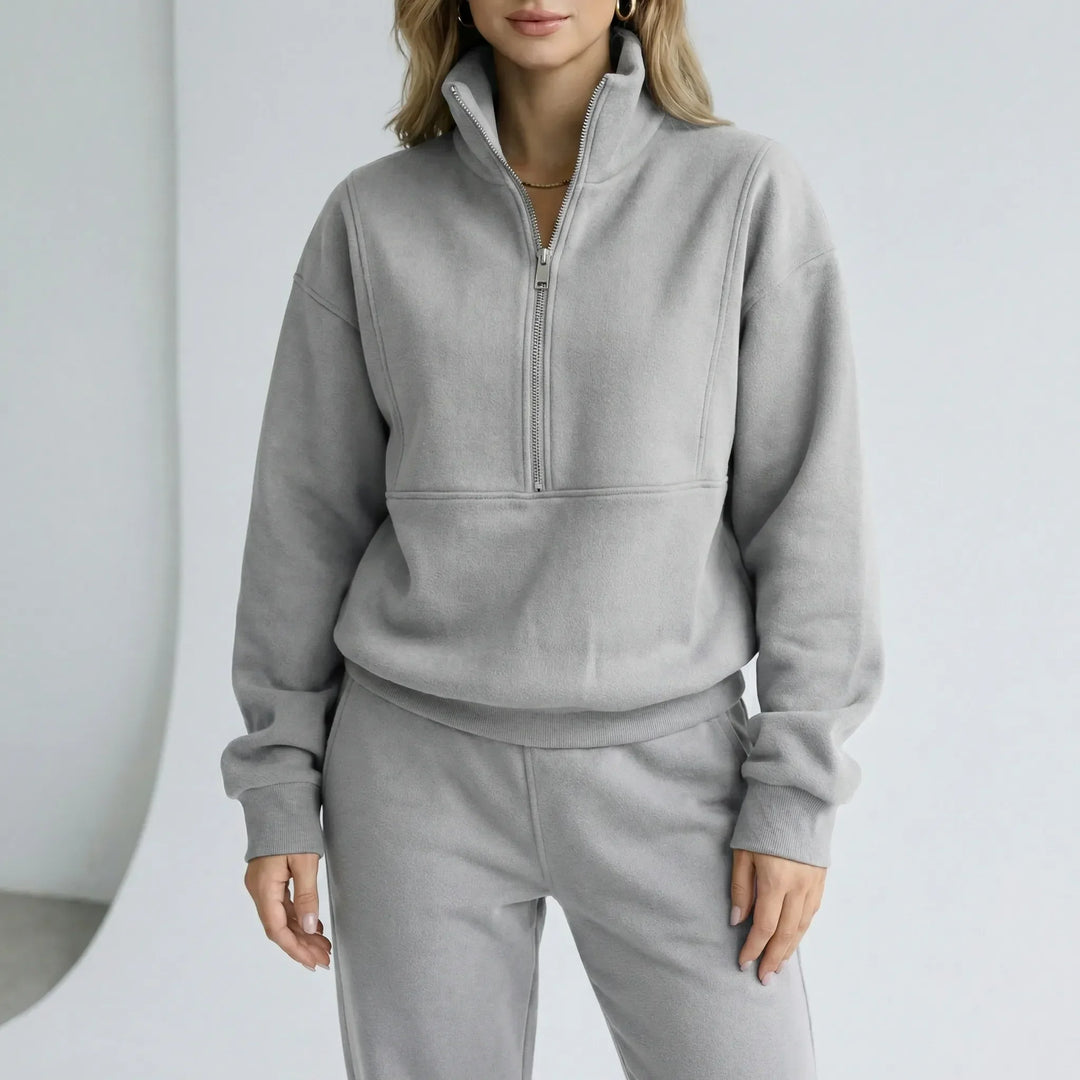 Modisches Damen Set: gemütlicher Halbzipper Loungewear Pullover & weite Freizeithose für Komfort.