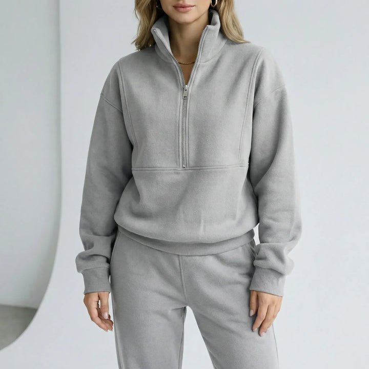 Modisches Damen Set: gemütlicher Halbzipper Loungewear Pullover & weite Freizeithose für Komfort.