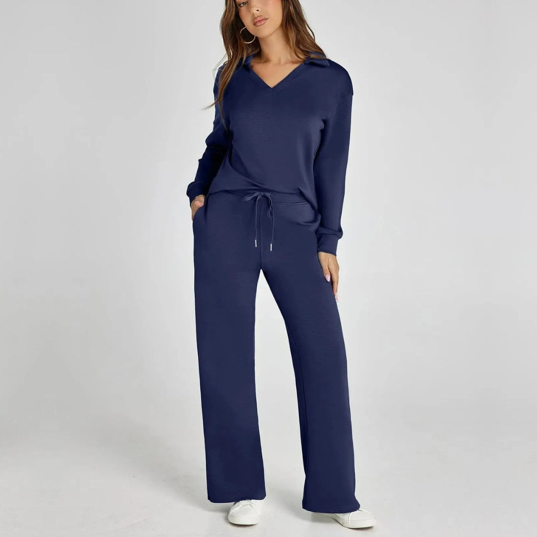 Zweiteiliges Damen Loungewear-Set Gabriella mit weitem Bein, locker und ideal für entspannte Tage.