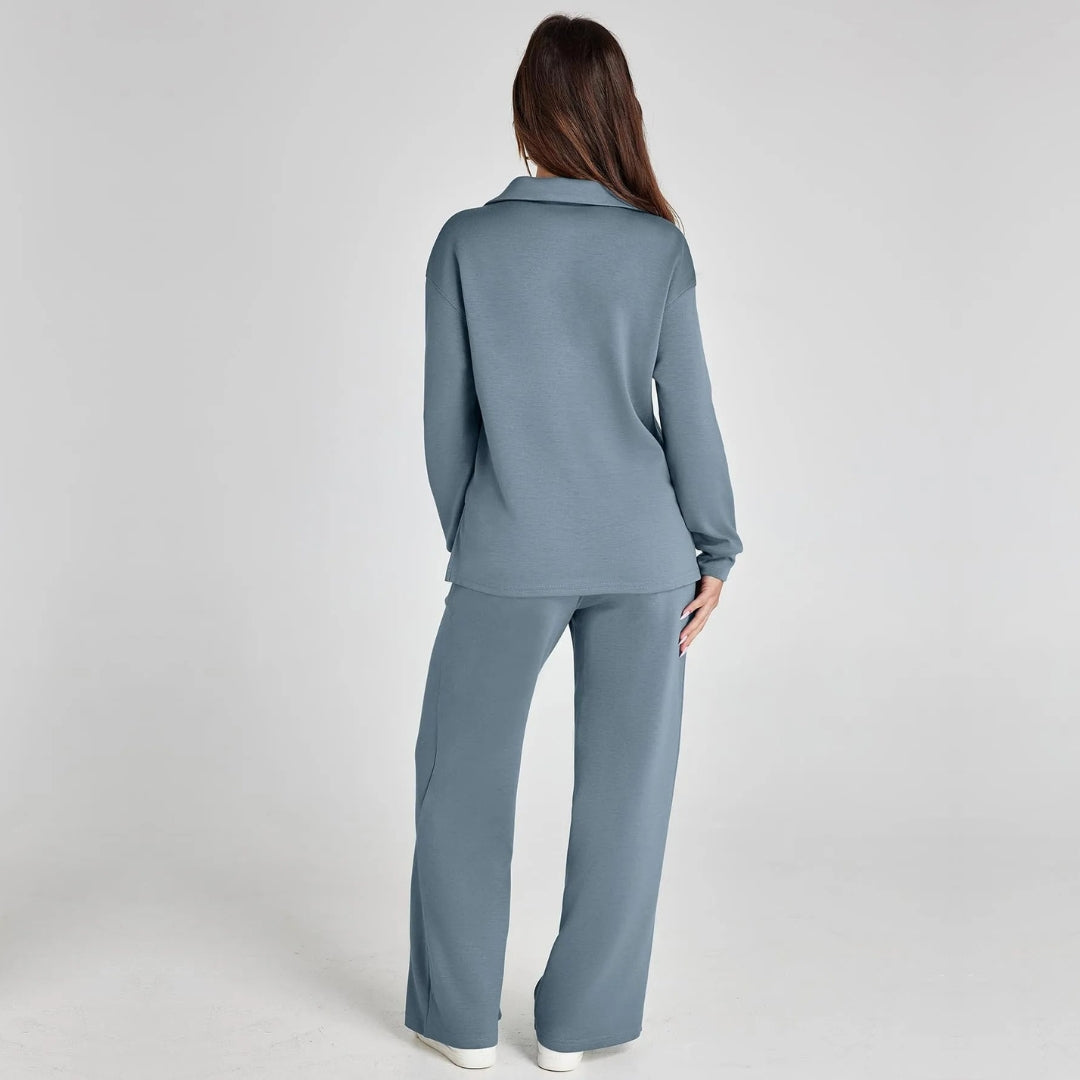 Stilvolles Damen Freizeitanzug Set Gabriella mit weitem Bein, perfekt für entspannte Alltagsmomente.