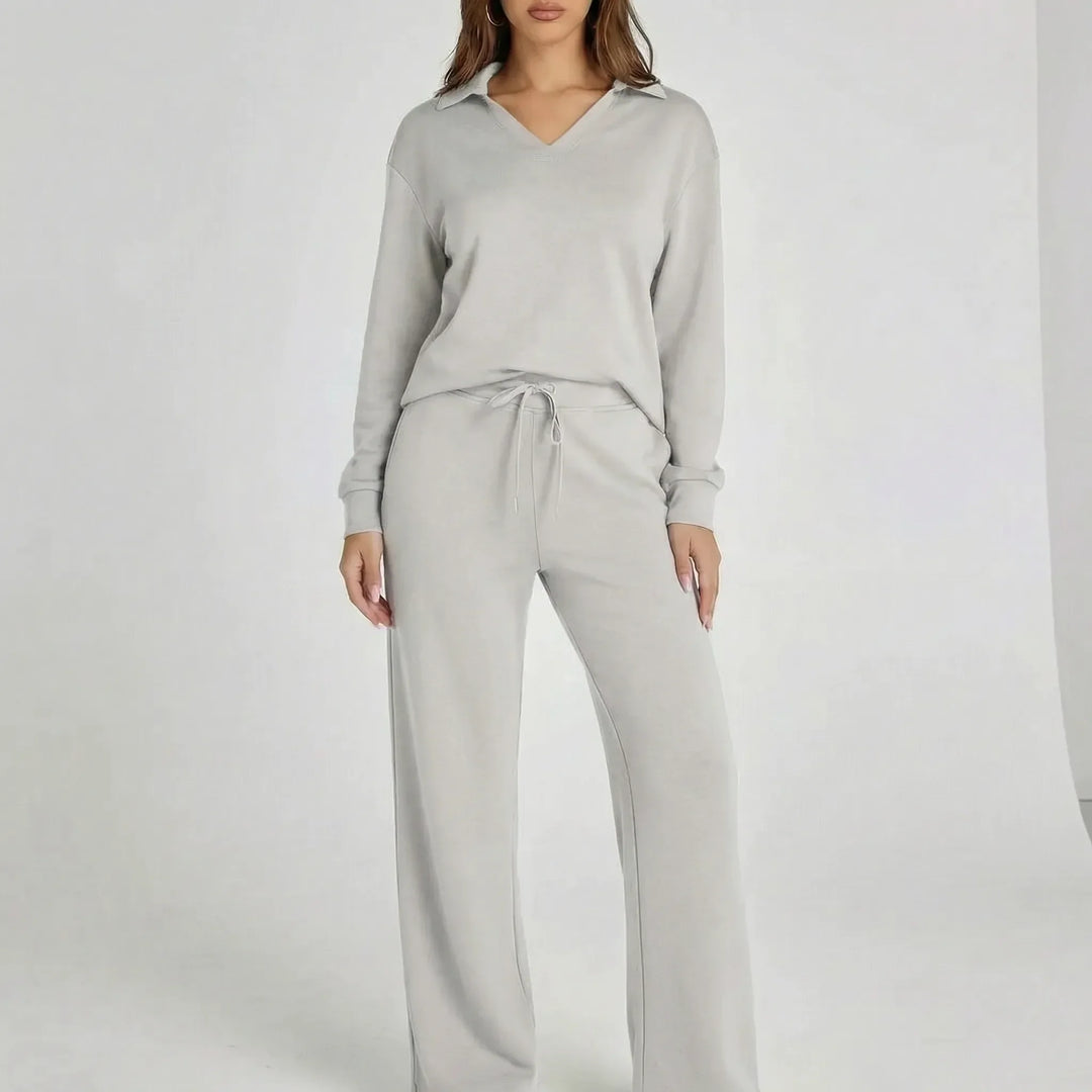 Damen Loungewear-Set "Gabriella" mit weitem Bein, zeigt eine Frau in eleganter Freizeitmode.