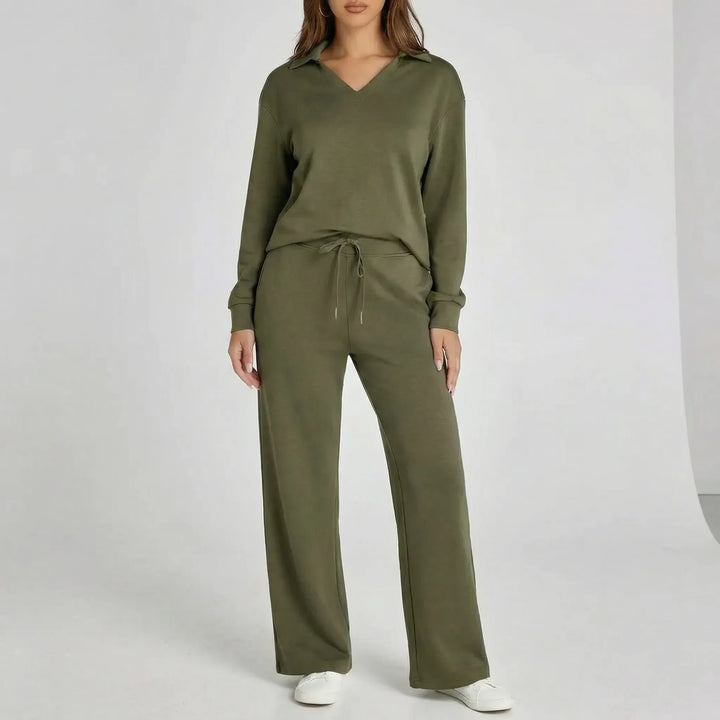 Nahaufnahme vom weiten Bein des Damen Loungewear-Sets "Gabriella". Komfortable Homewear für Frauen.