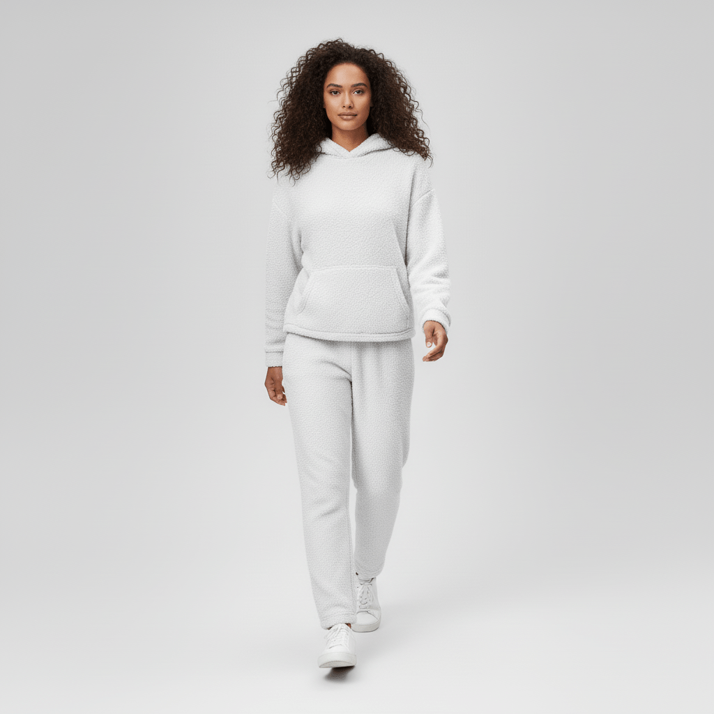 Ultimativer Komfort: Damen Loungewear-Set Skye mit Kapuze, Kängurutasche und weichem Stoff.
