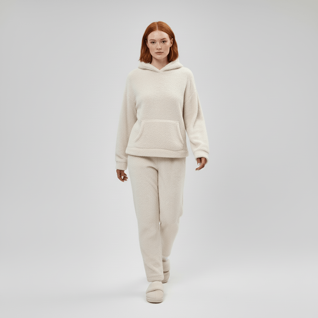 Damen Freizeitanzug in melierter Optik, Kapuzenpullover und Hose, vielseitig für Alltag und Freizeit.