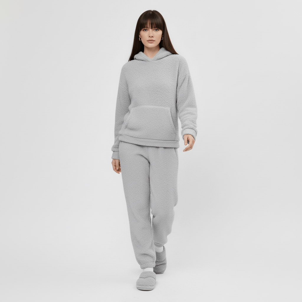 Praktischer Damen Hausanzug mit geräumiger Kängurutasche, Kapuzenpulli und bequemer Unterteil.