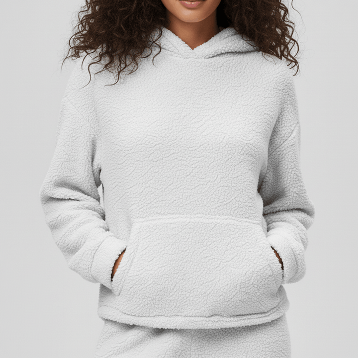 Stilvolles Damen Loungewear-Set in neutraler Farbe, mit Kapuze und Kängurutasche, vielseitig nutzbar.