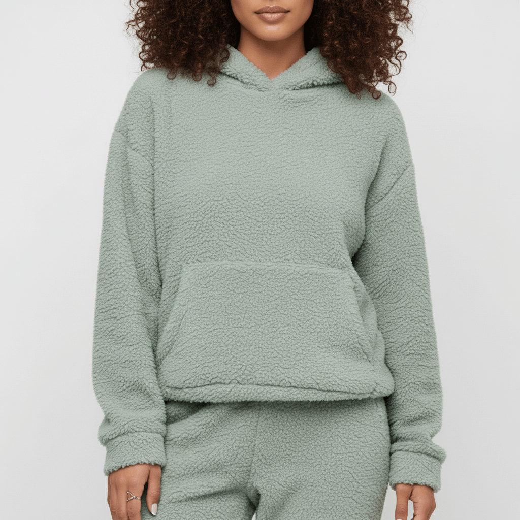 Bequemes Damen Set mit Kängurutasche, Kapuze und weichem Stoff, ideal für Alltag und Entspannung.