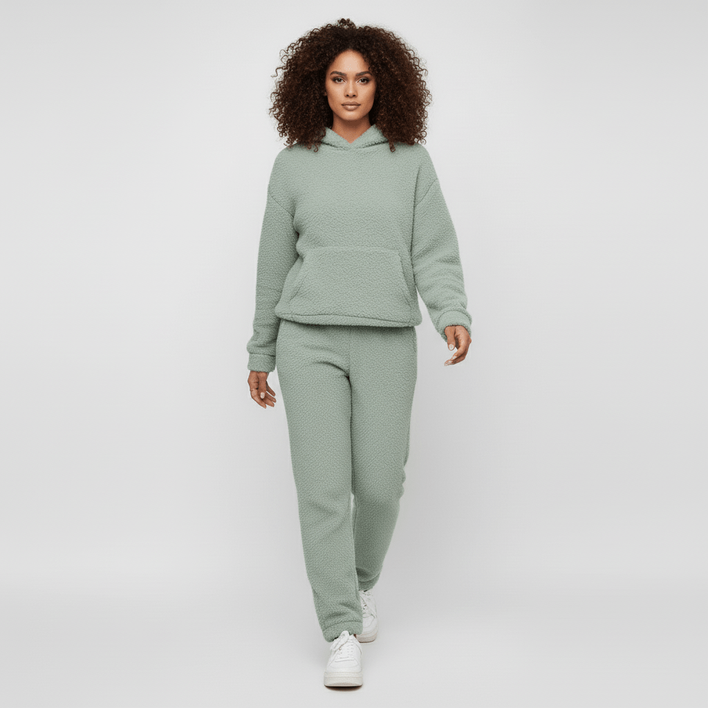 Stylisches Damen Loungewear-Set in Großen Größen mit Kapuze und praktischer Kängurutasche.