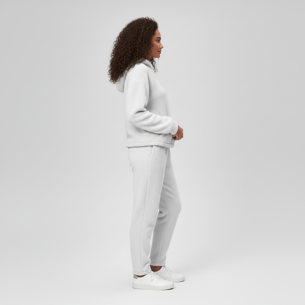 Atmungsaktiver Damen Hausanzug mit Kapuzenpullover und Hose, perfekt für Komfort und Entspannung.