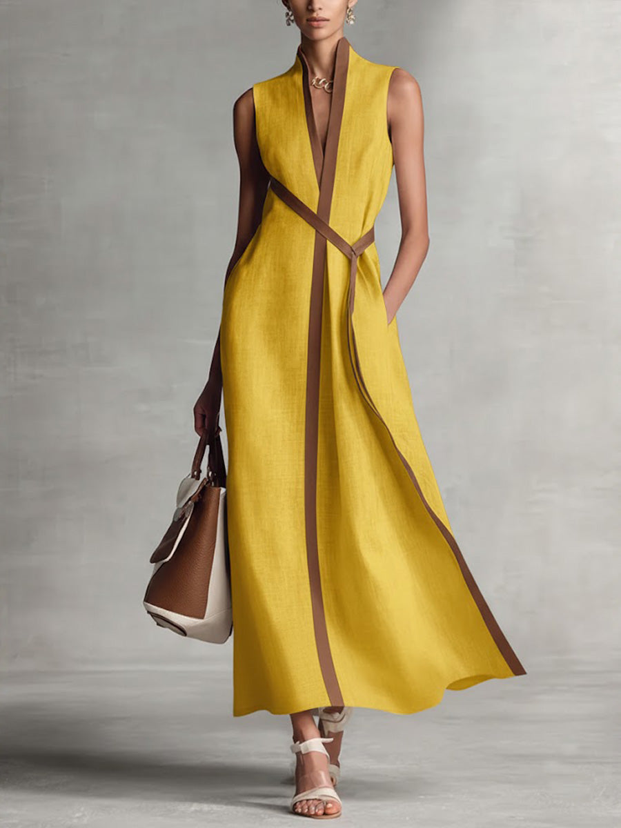 Elegantes Damen Sommerkleid mit Mandarinkragen, ärmellos & luftig für stilvolle Sommer Mode.