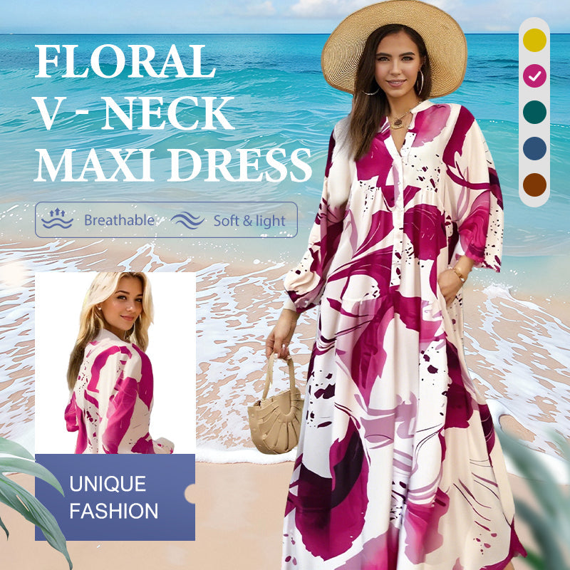 Damen Maxi-Blumenkleid mit V-Ausschnitt & abstraktem Muster. Fließendes, elegantes Sommerkleid für Freizeit.