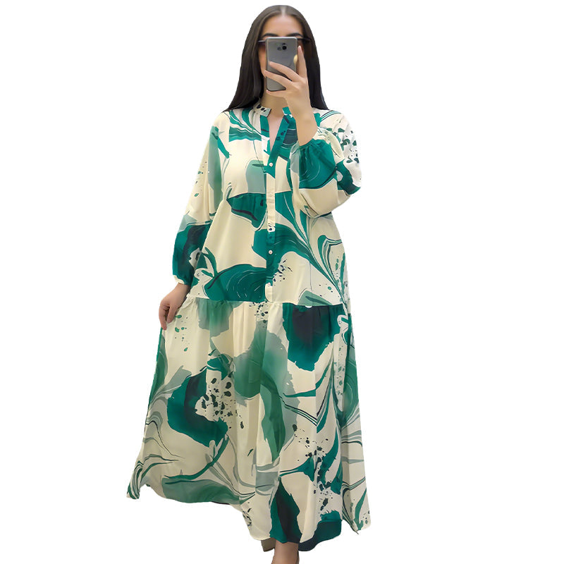 Fließendes Damen Maxi-Blumenkleid mit V-Ausschnitt. Modisches Muster, ideal als langes Freizeit- oder Urlaubskleid.