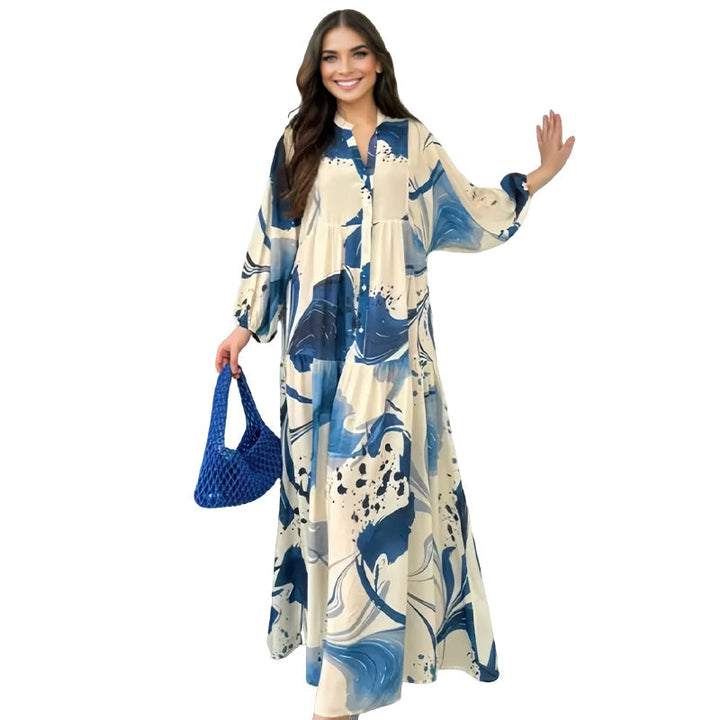 Langes Damen Maxi-Blumenkleid mit V-Ausschnitt. Komfortables Sommerkleid, perfekt für elegante Anlässe.