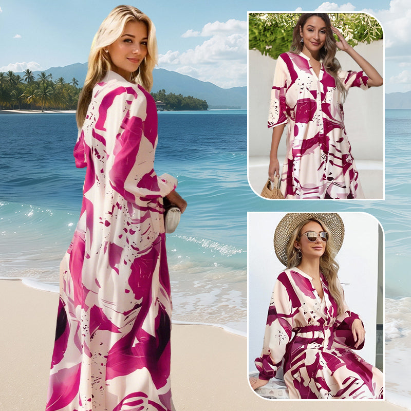 Komfortables Damen Maxi-Blumenkleid mit V-Ausschnitt, auch in großen Größen erhältlich. Fließendes Design.