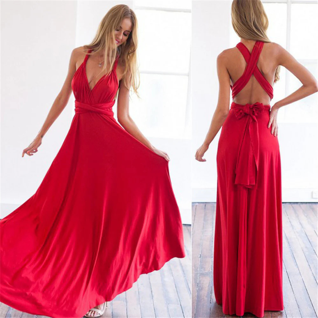Modell trägt Damen Maxikleid Phoebe, ein elegantes Wickelkleid mit V-Ausschnitt und fließendem Stoff.