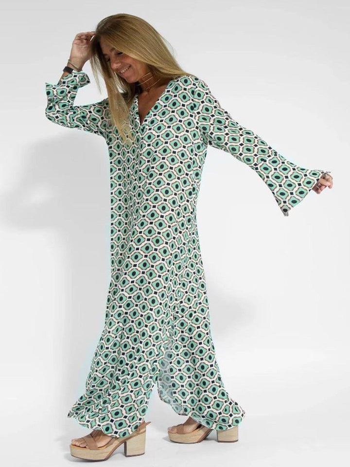 Damen Druckkleid, langes Maxikleid. Elegantes Design, bauchbedeckend & figurschmeichelnd.