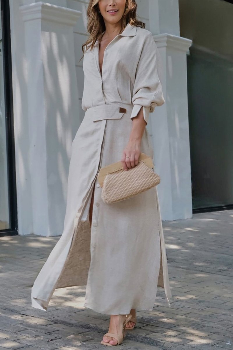 Damen Maxikleid mit V-Ausschnitt in fließendem Stoff, ideal als elegantes Sommer- oder Freizeitkleid.