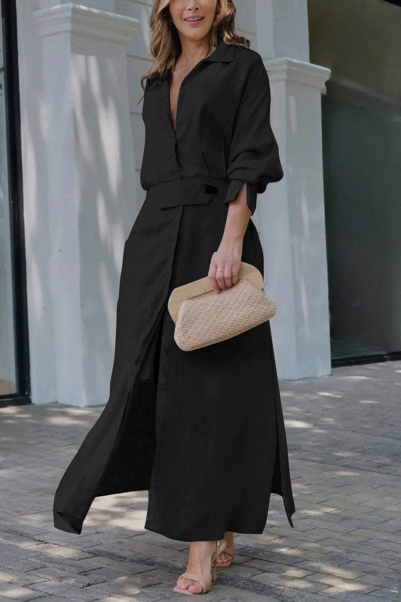 Langes Damen Freizeitkleid mit V-Ausschnitt und bequemem, fließendem Material für entspannte Tage.