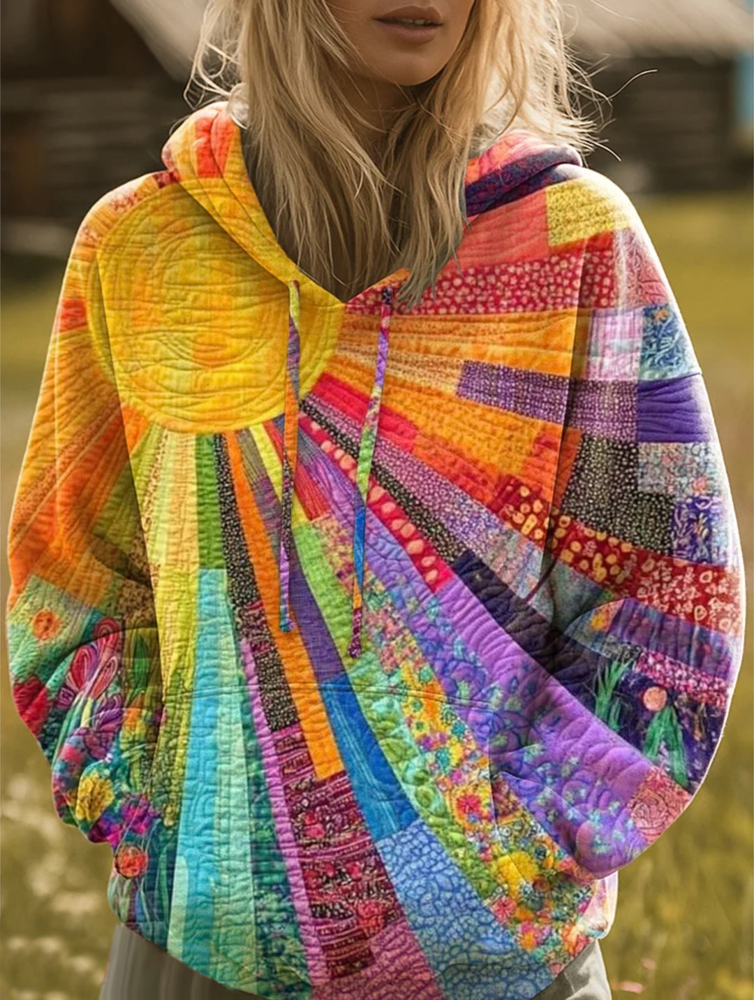 Damen mehrfarbiger Boho Patchwork Hoodie. Lässiger Baumwoll-Pullover im Bohemian-Stil für Frauen, ideal für Freizeit.