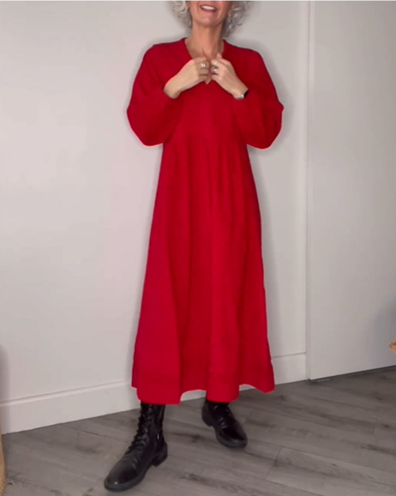 Damen Midi-Kleid Eleanor mit V-Ausschnitt & Langarm. Klassisch-eleganter Schnitt, ideal für Büro & Freizeit.