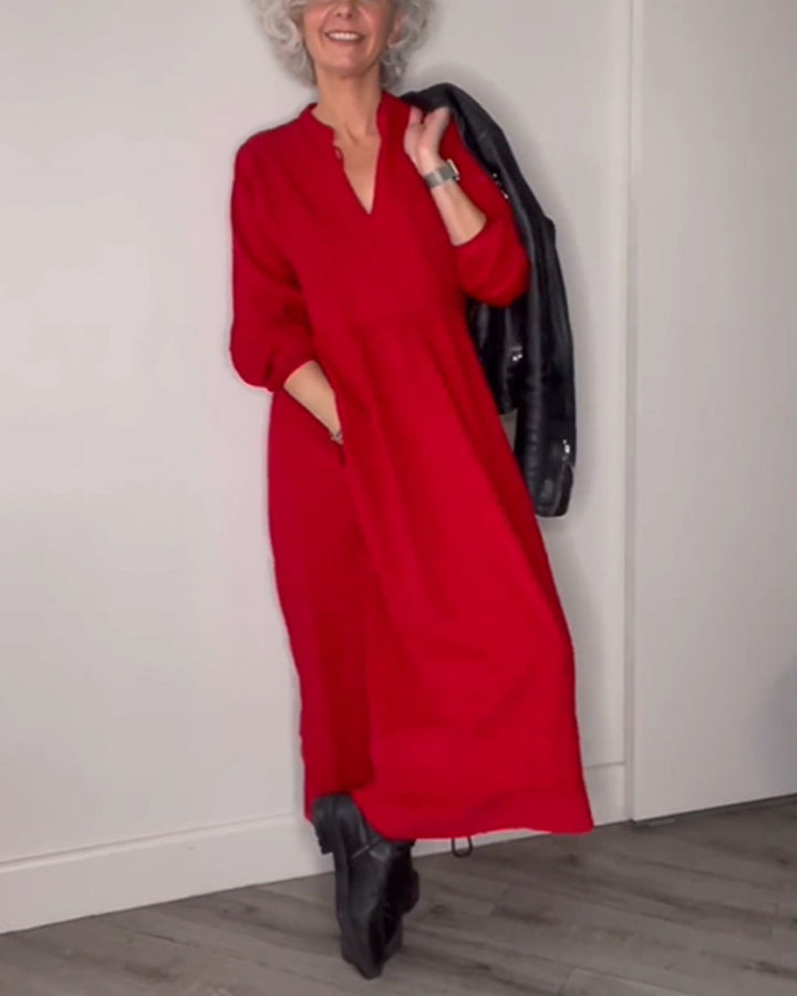 Elegantes Damen Midi-Kleid mit V-Ausschnitt, Langarm. Schick & vielseitig, perfekt für Frühling, Herbst & Winter.