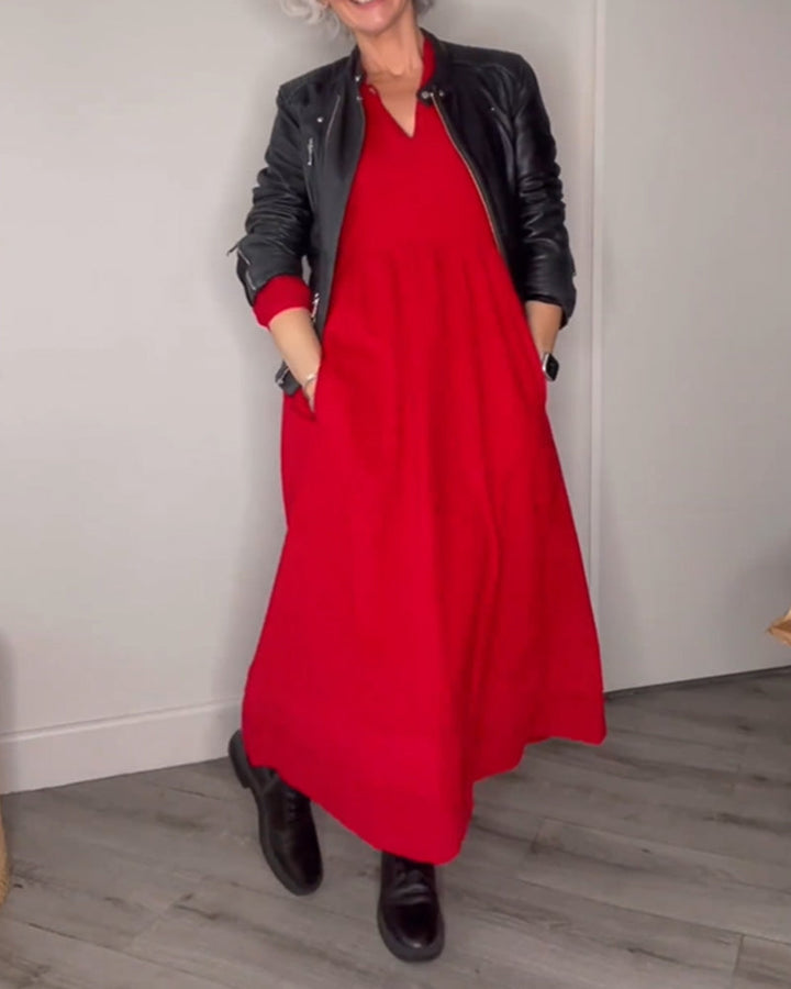 Klassisches Damen Midi-Kleid Eleanor, V-Ausschnitt, Langarm. Bürotaugliches Herbst- & Winterkleid, vielseitig.