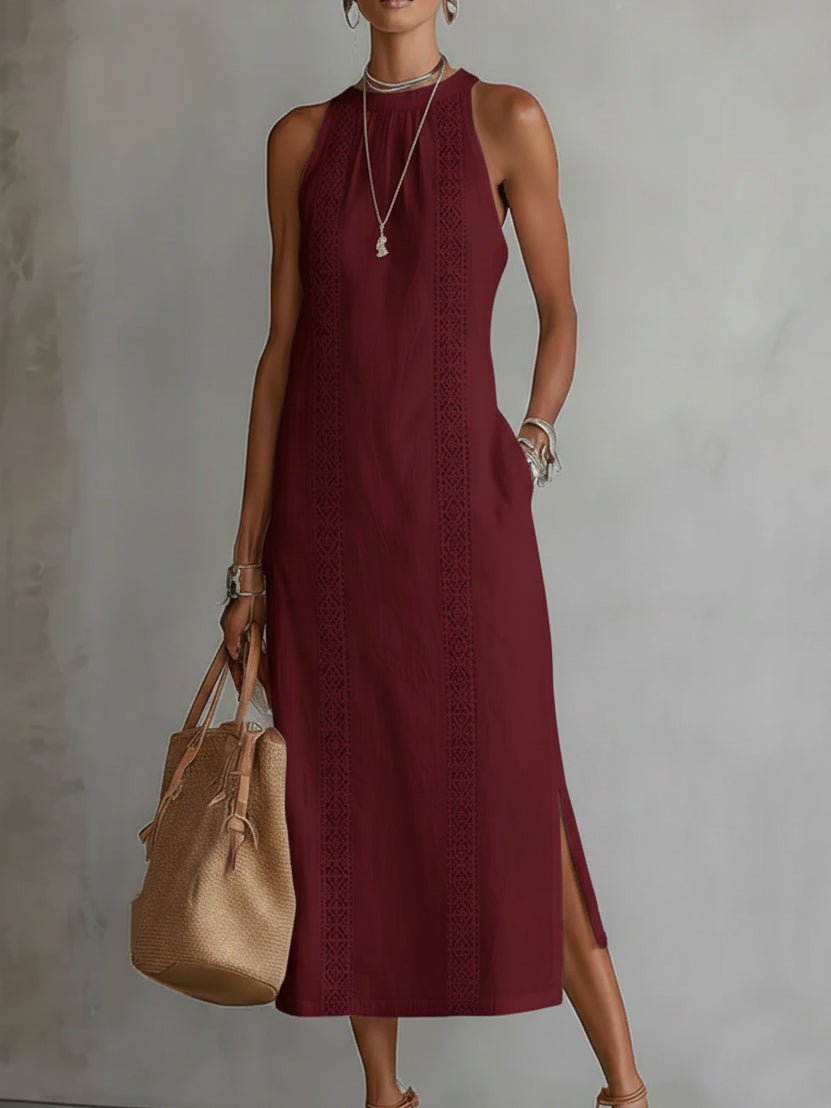 Leichtes Damen-Midikleid Jimena mit Mao-Kragen, ideal für warme Tage und einen eleganten Look.